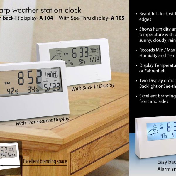 Sharp weather station clock with see-thru display