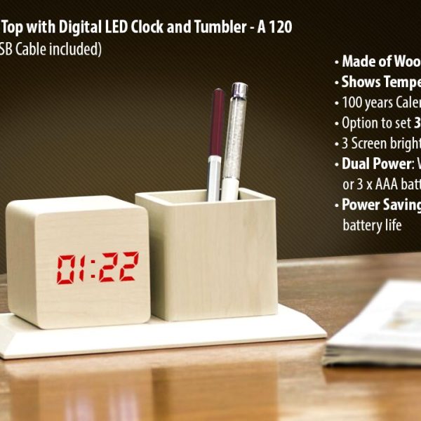 Wooden Tabletop with Digital LED Clock and tumbler (Dual power) (USB Cable included)