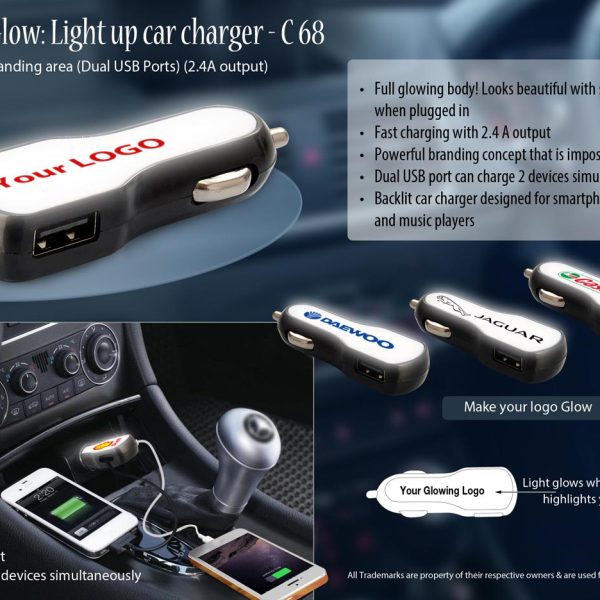 BrandGlow: Light up car charger with Full branding area (Dual USB Ports) (2.4A output)