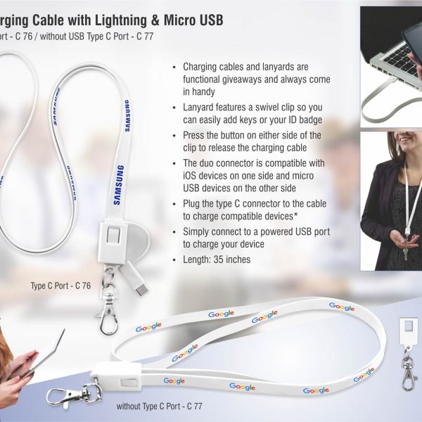 Lanyard charging cable with Lightning, Micro USB and USB type C port