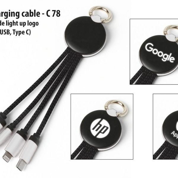 Clip-on charging cable with double side light up logo (iOS, Micro-USB, Type C)