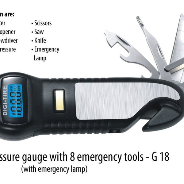 Digital tyre pressure gauge with 7 emergency tools