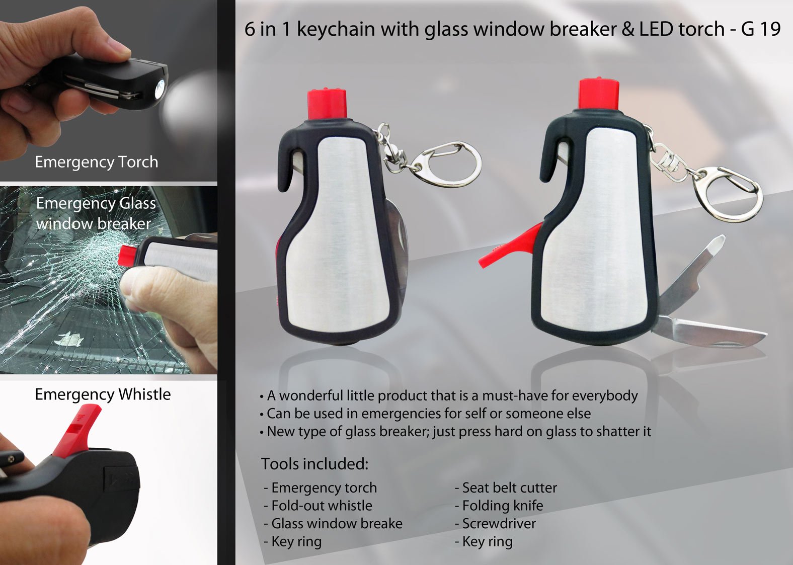 6 in 1 keychain with glass window breaker & LED torch - Power Plus