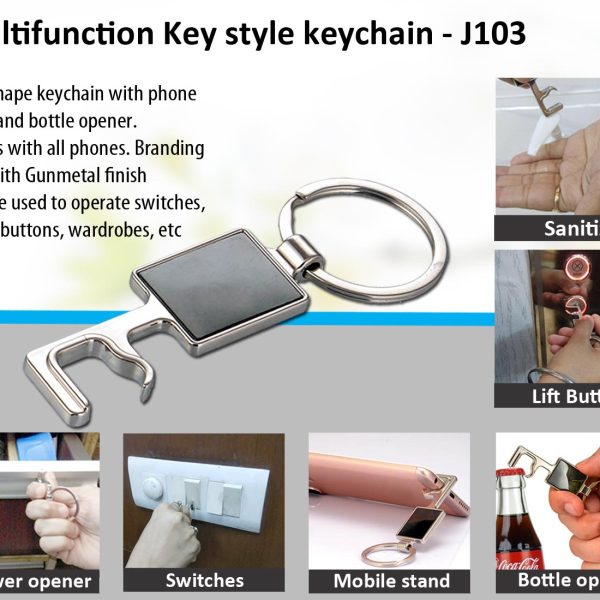 Key style keychain with bottle opener and phone holder