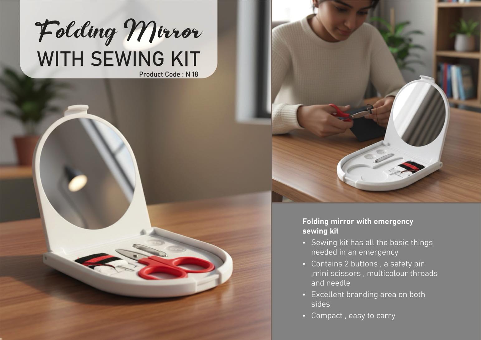 n18 Folding mirror with sewing kit (D shape) - Image 1