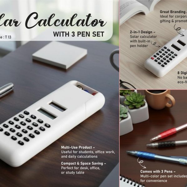 Solar calculator with 3 pen set