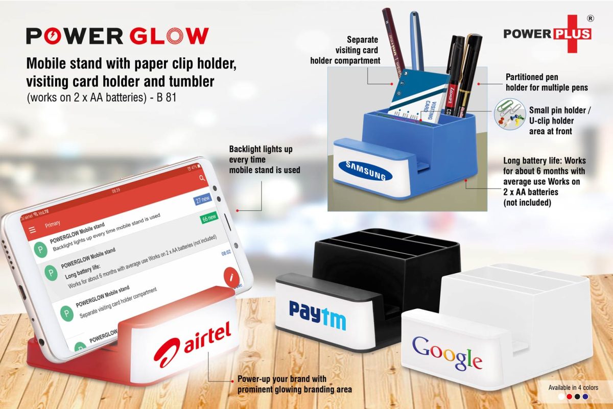 b81 Powerglow Mobile stand with paper clip holder, visiting card holder and tumbler (works on 2 x AA batteries) - Image 1