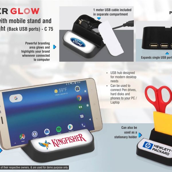 PowerGlow USB hub with mobile stand and logo highlight (Back USB ports)