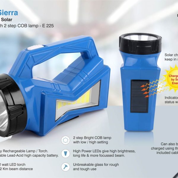 Grand Sierra Rechargable Solar LED Torch with 2 step COB lamp