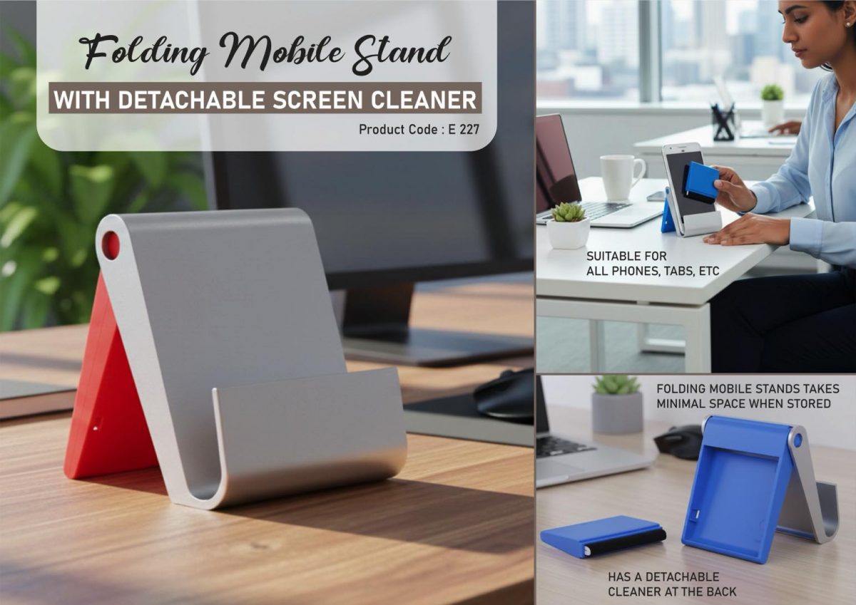 Folding mobile stand with detachable screen cleaner (XL branding area) - Image 1