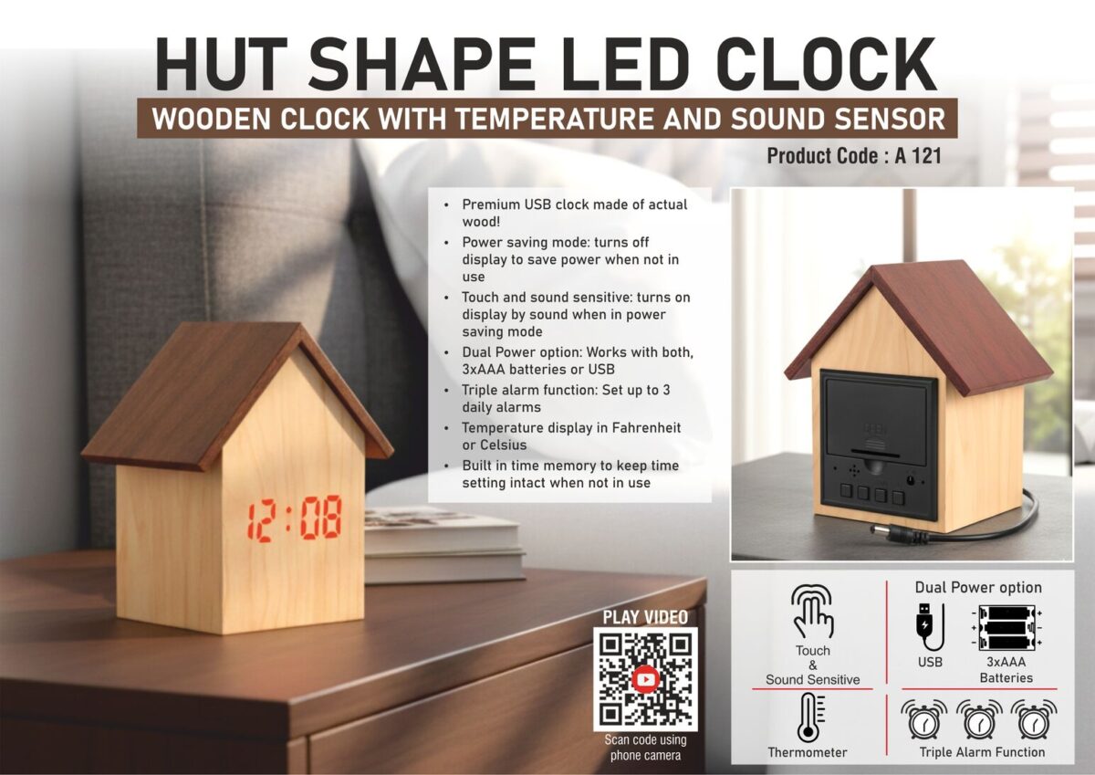 Hut shape wooden LED clock with temperature and sound sensor | Dual power (Battery / USB) - Image 1