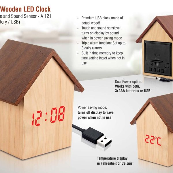 Hut shape wooden LED clock with temperature and sound sensor | Dual power (Battery / USB)
