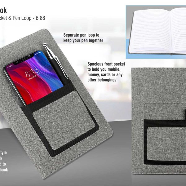A5 notebook with mobile pocket & pen loop
