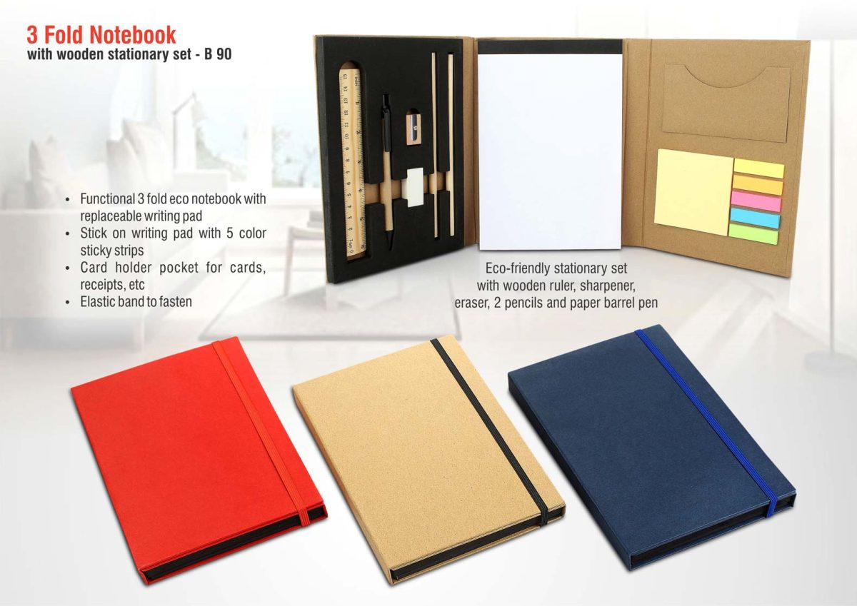 3 fold notebook with wooden stationary set - Image 1