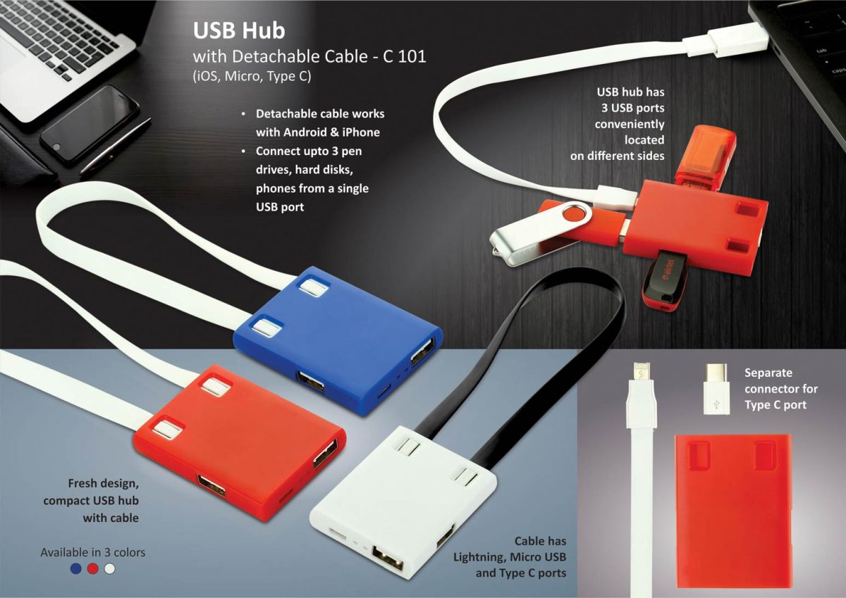 c101.jpg USB Hub with detachable cable (iOS, Micro, Type C) | 3 USB ports - Image 1