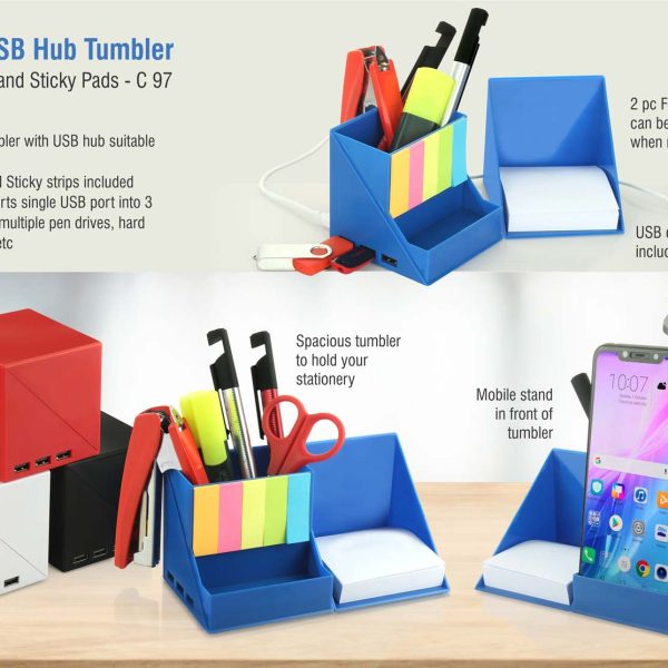 Folding USB hub tumbler with notepad and sticky pads | 3 USB ports