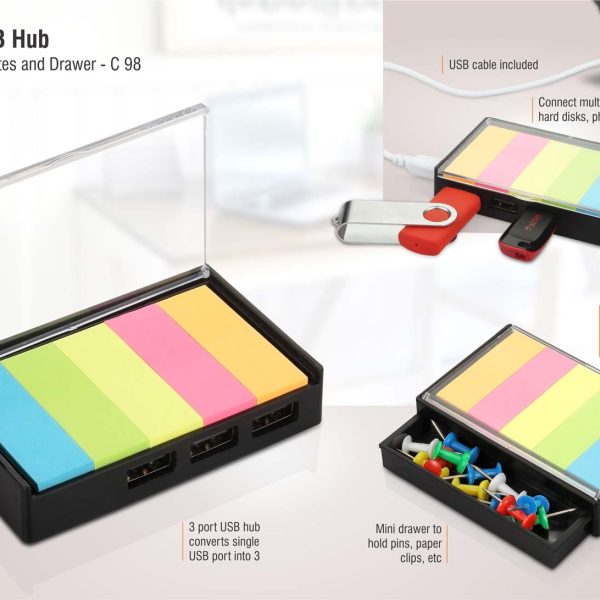 Small USB hub with sticky notes and drawer | 3 USB ports