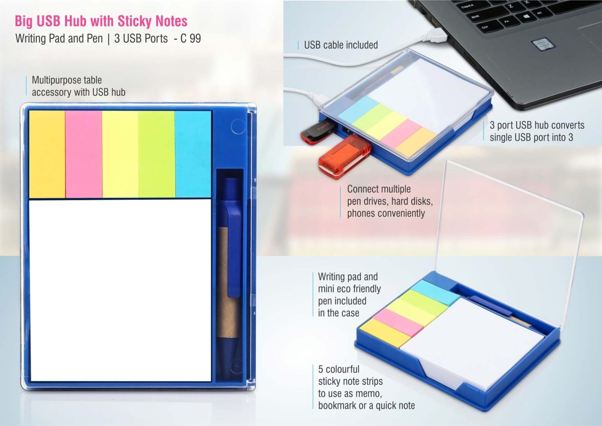 Big USB hub with sticky notes, writing pad and pen | 3 USB ports - Image 1