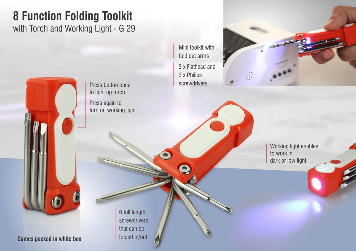 8 function folding toolkit with torch and working light - Image 1