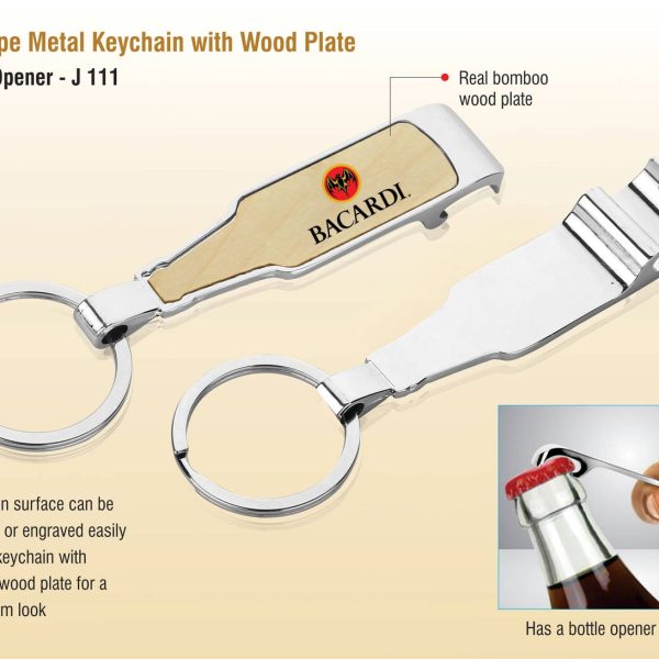 Bottle shape metal keychain with wood plate | with Bottle opener