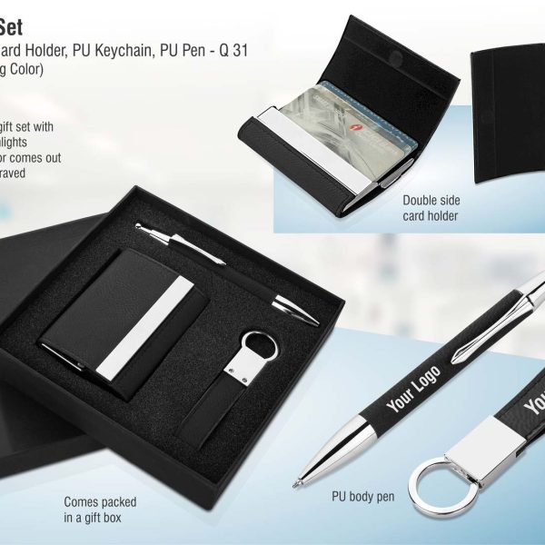 3 pc gift set: Double side card holder, PU keychain, PU pen | Silver laser color