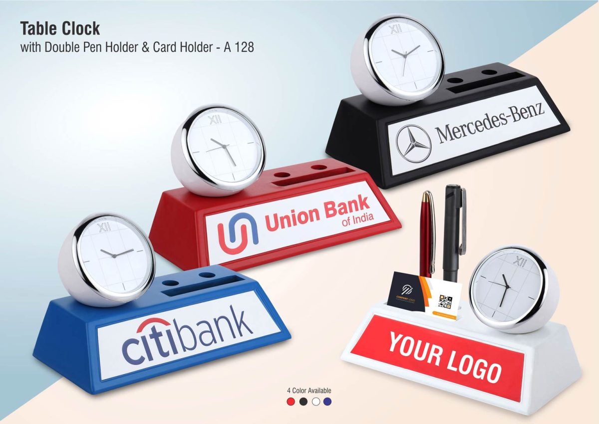 a128.jpg Table clock with Double pen holder and card holder - Image 1