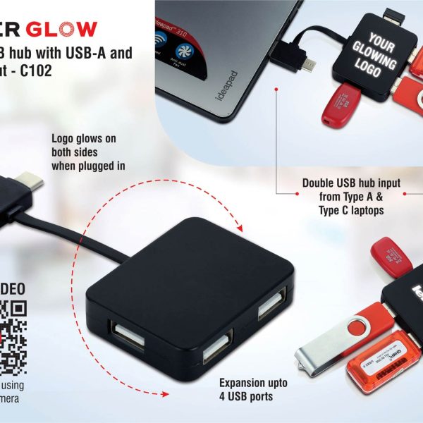 PowerGlow 4 point USB hub with USB-A and USB-C input | 4 USB ports