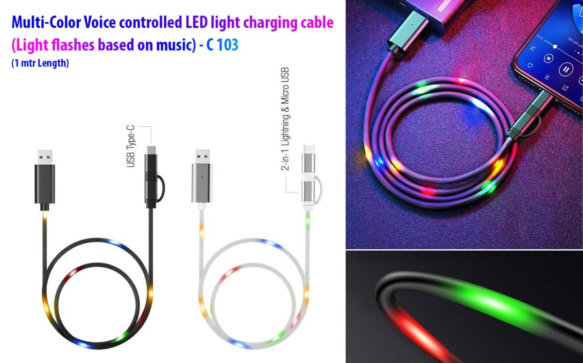 Voice controlled LED light charging cable (Multicolor) | Light flashes based on music | 1 mtr Length - Image 1