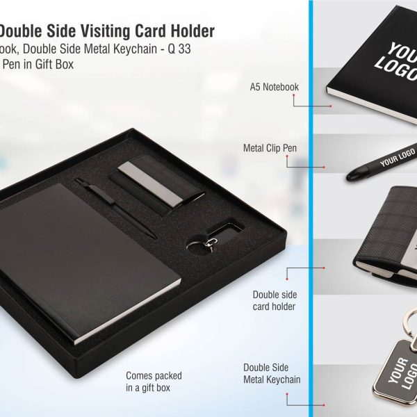 Set of 4: Double side visiting card holder with A5 notebook, Double side metal keychain and Metal clip Pen in gift box