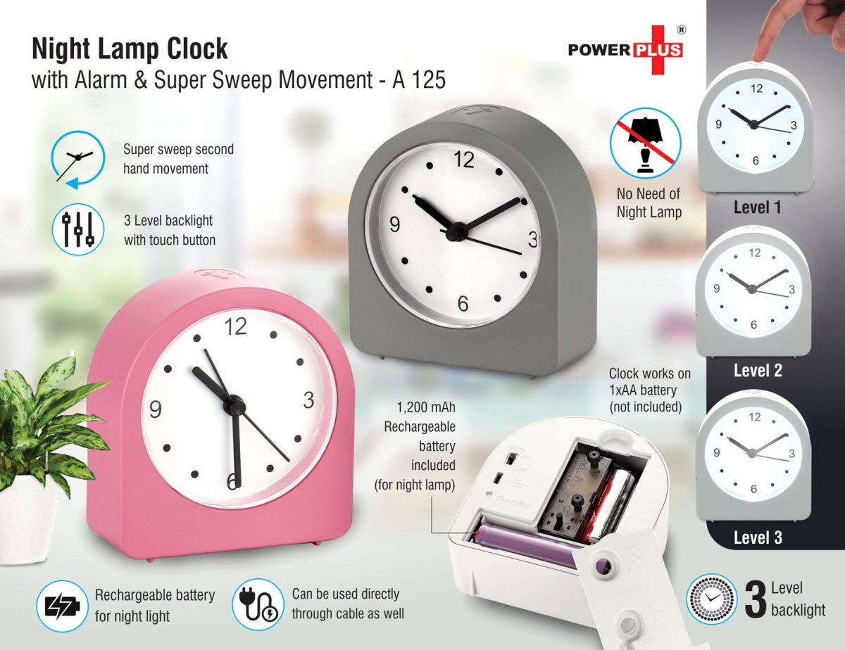a125 Night lamp clock with Alarm and Super Sweep movement | Rechargeable Lamp | 3 Level backlight - Image 1