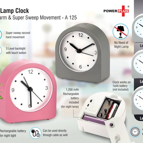 Night lamp clock with Alarm and Super Sweep movement | Rechargeable Lamp | 3 Level backlight