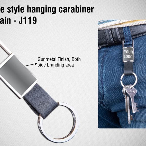 Rectangle style hanging carabiner keychain (with PU strap) | Double side branding area | Gunmetal finish