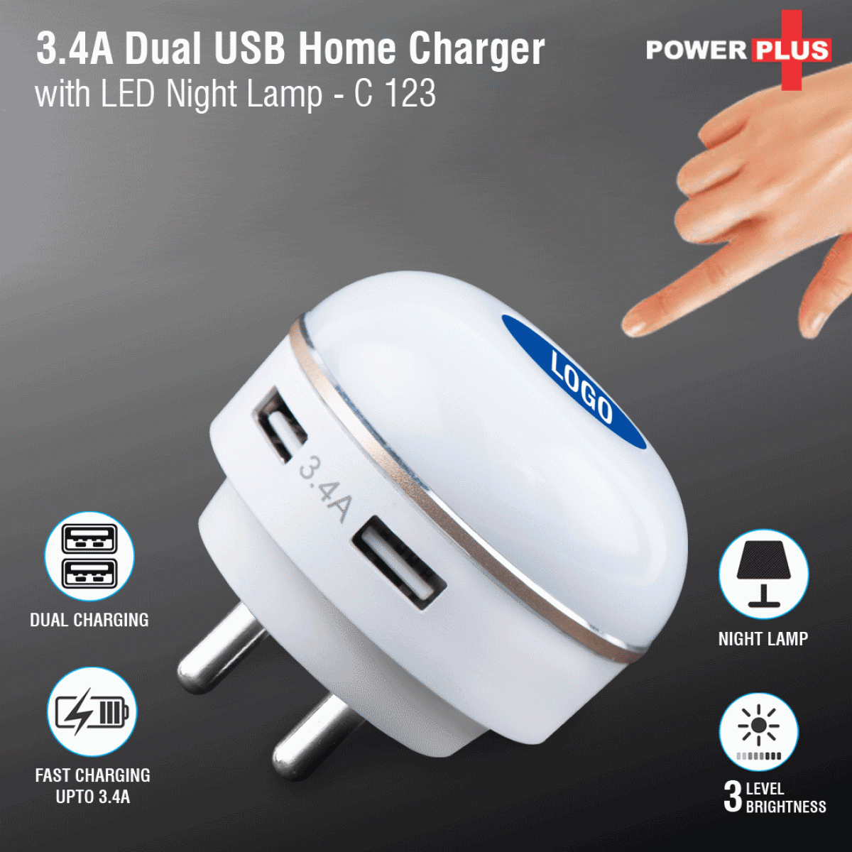 Dual USB fast charger with night lamp - Image 1