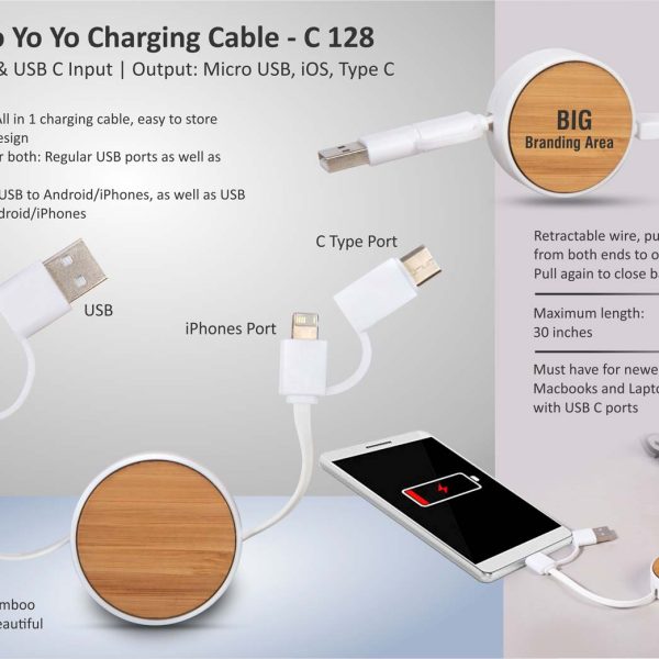 Bamboo Yo yo charging cable with USB A & USB C input | Output: Micro USB, iOS, Type C