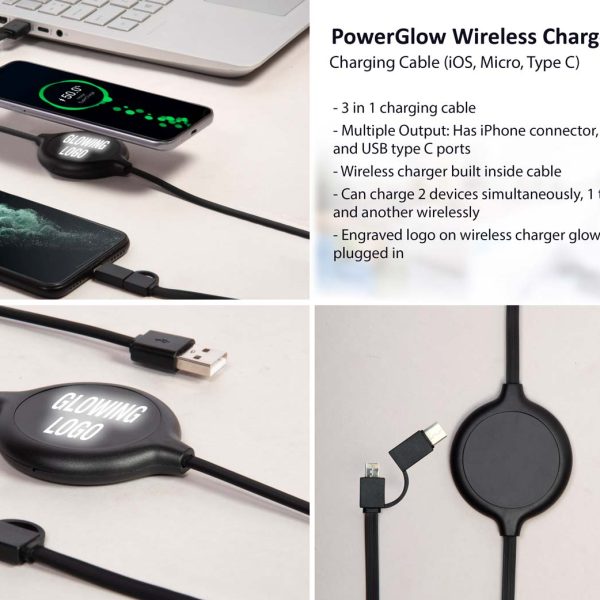 PowerGlow Wireless Charger | Charging Cable (iOS, Micro, Type C) | Logo glow function