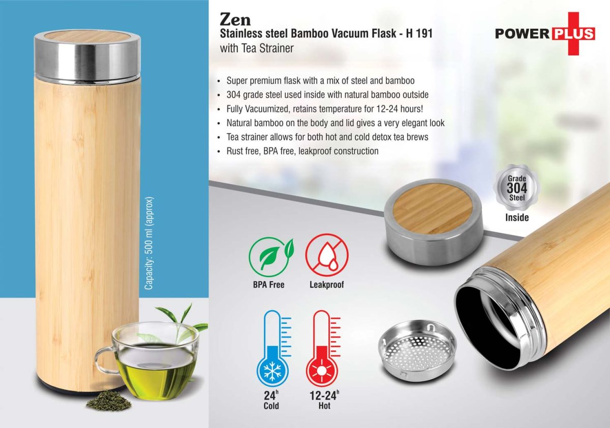 h191.jpg Zen: Stainless steel Bamboo Vacuum flask with Tea Strainer | Capacity 500 ml approx - Image 1