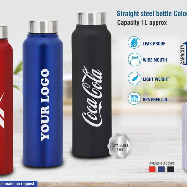 Straight steel bottle Colored | Capacity 1L approx