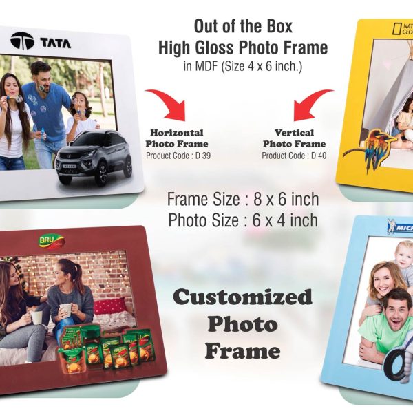 Out of the box High Gloss Photo Frame in MDF | With customized frame & insert | Photo size 4x6 inch | Vertical | MOQ 100 pcs