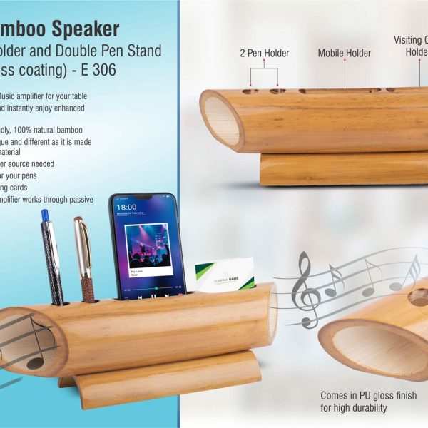 Large Bamboo speaker with Card holder and double pen stand (with PU Gloss coating)