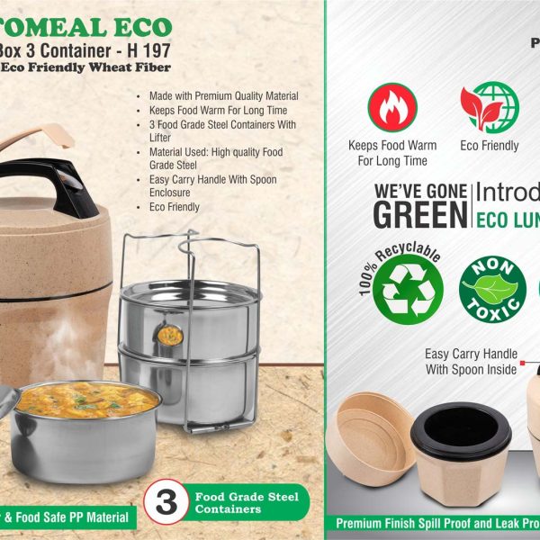 Octomeal Eco: 3 Steel container lunch box with spoon | Made from Eco friendly material | 100% recyclable