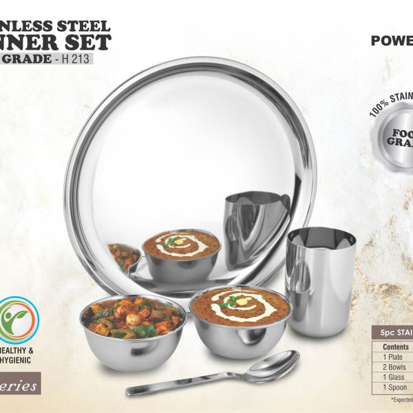 5 pc Stainless Steel Dinner set | Set of 1 Plate, 2 bowls, 1 glass and 1 spoon
