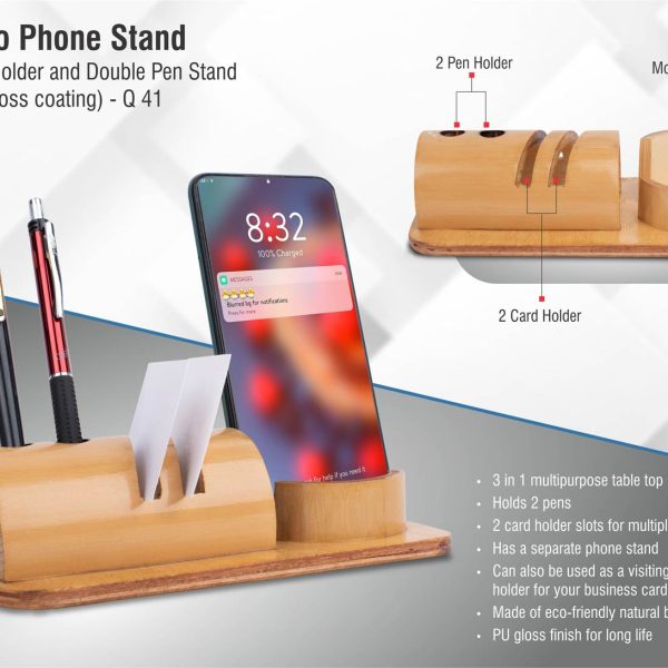 Bamboo phone stand with card holder and double pen stand (with PU Gloss coating)