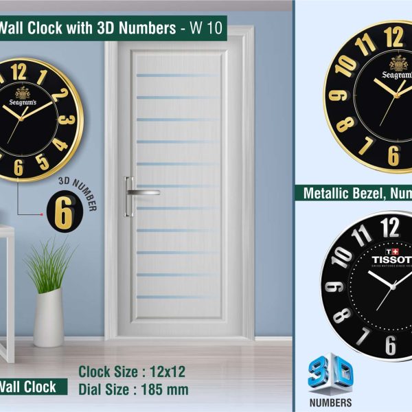 Bold Black Wall Clock with 3D Numbers | with Metallic Bezel, numbers and Hands | Branding included MOQ 100pc