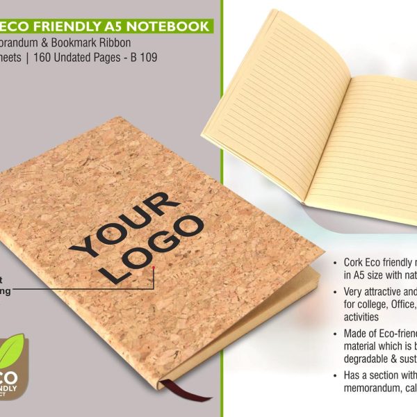 Cork Eco friendly A5 notebook with memorandum & Bookmark ribbon| 80 gsm sheets | 160 undated pages