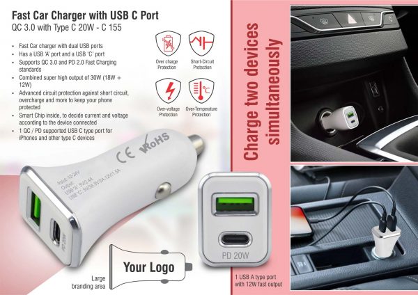 Fast car charger with USB C port | QC 3.0 withType C 20W