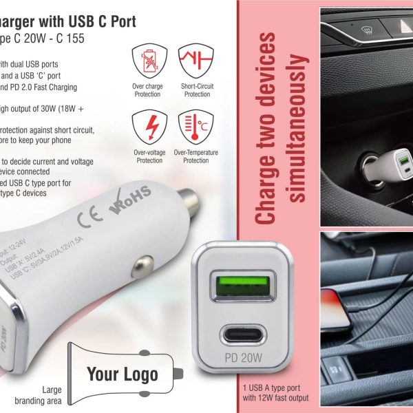 Fast car charger with USB C port | QC 3.0 withType C 20W
