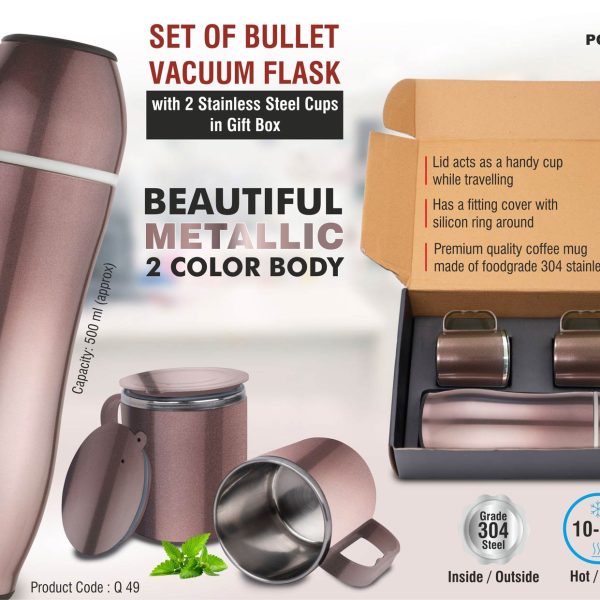 Set of Brown Bullet Vacuum Flask with 2 Stainless steel cups in Gift box | Metallic finish cups