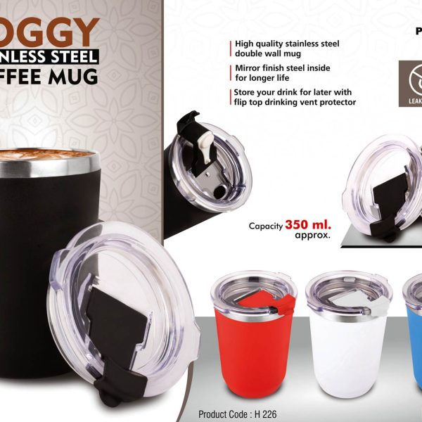 Foggy: Stainless Steel coffee mug | Premium clear cap with flip top lid | Leakproof | Capacity 350ml approx