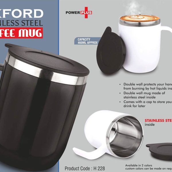 Oxford: Stainless Steel Double wall Coffee mug with Round handle | Leakproof | Capacity 460ml approx