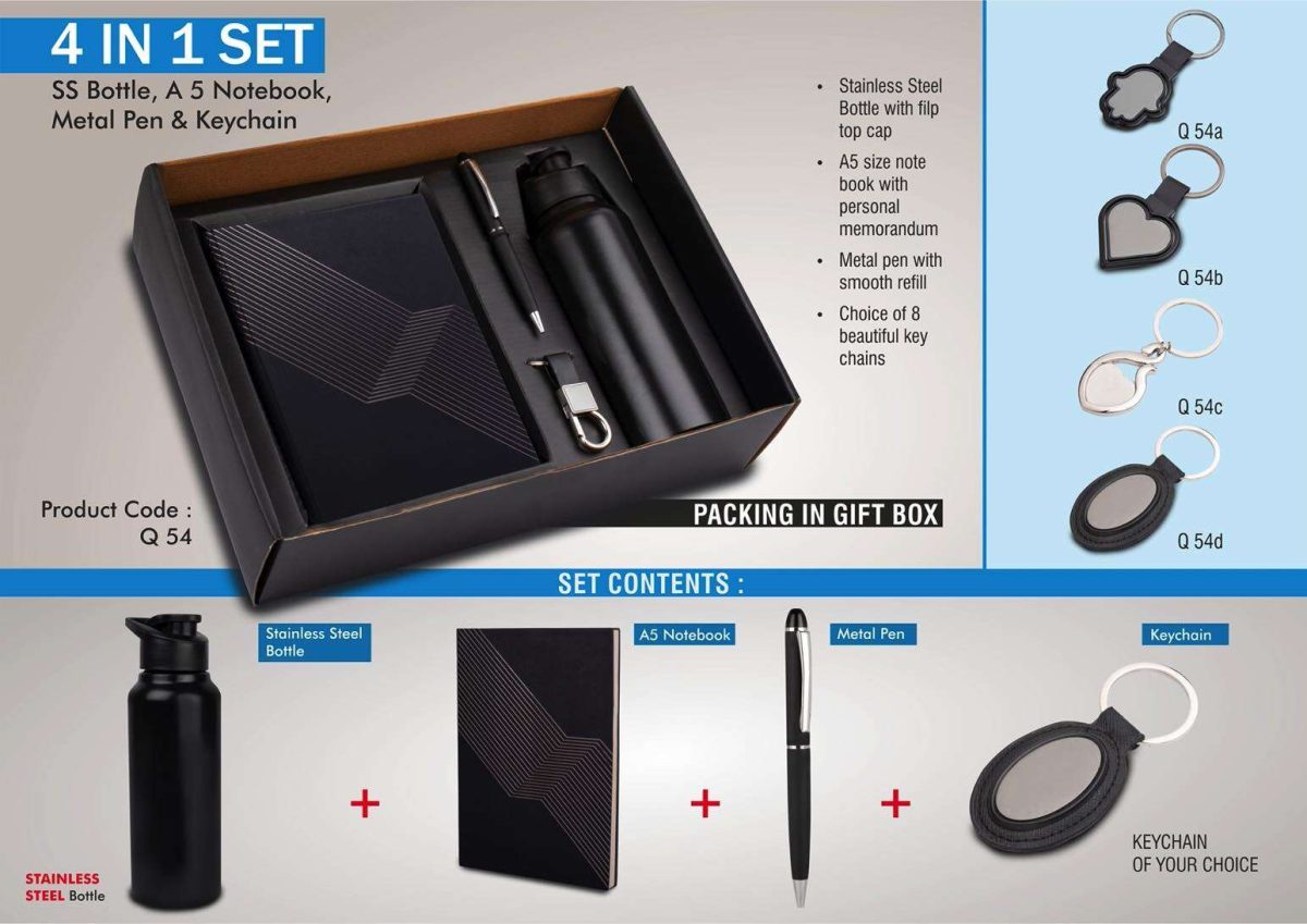 4 in 1 set: Stainless Steel bottle, metal pen, Metal keychain, A5 notebook - Image 1